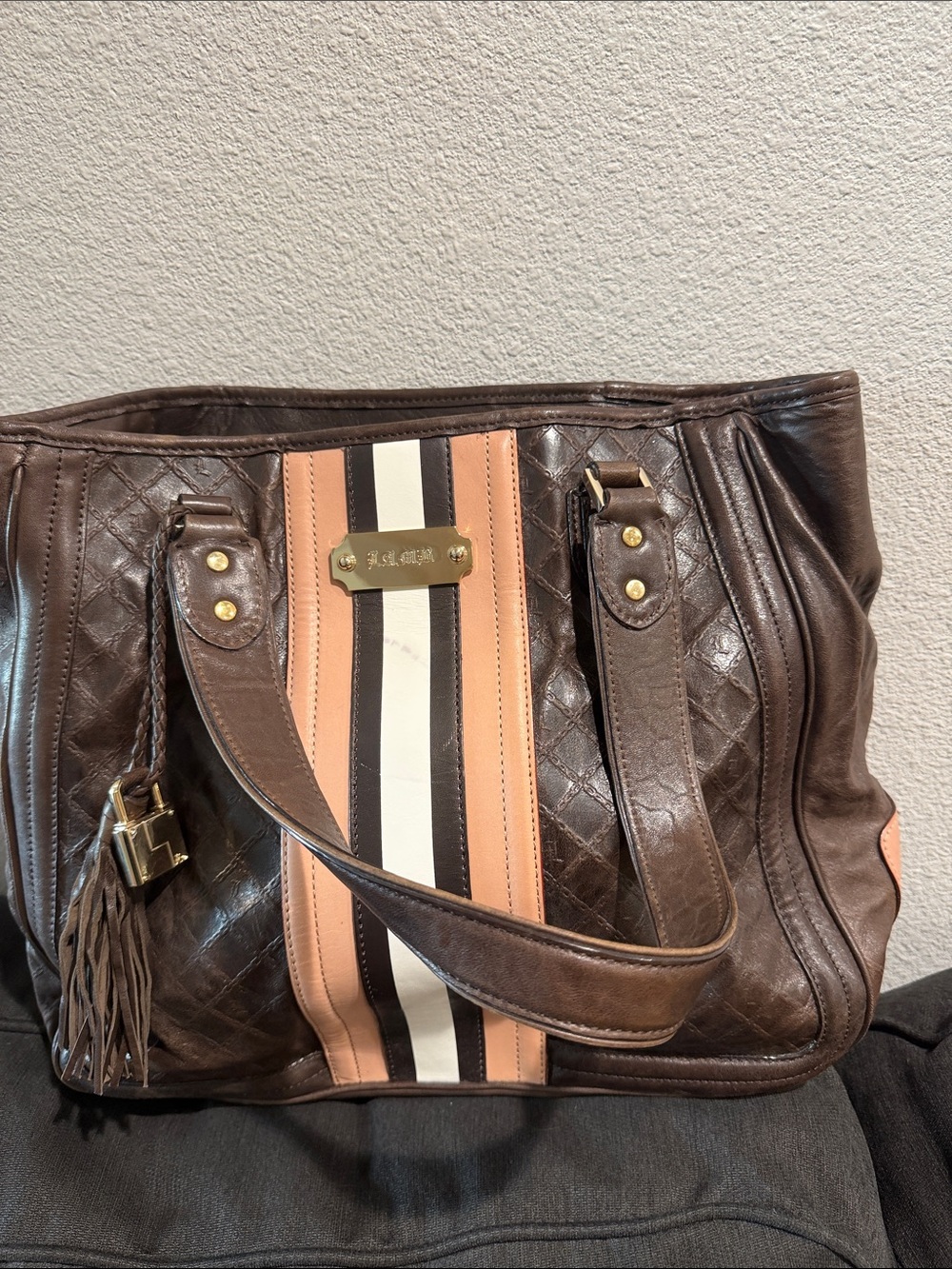 L.A.M.B. Brown Quilted Tote with Pink and White Center Stripe